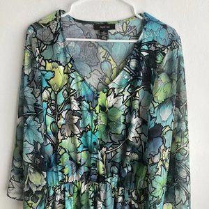 Style & Co Womans Tunic Top Sz L Long Sleeves Pullover Flowered Green Bl…